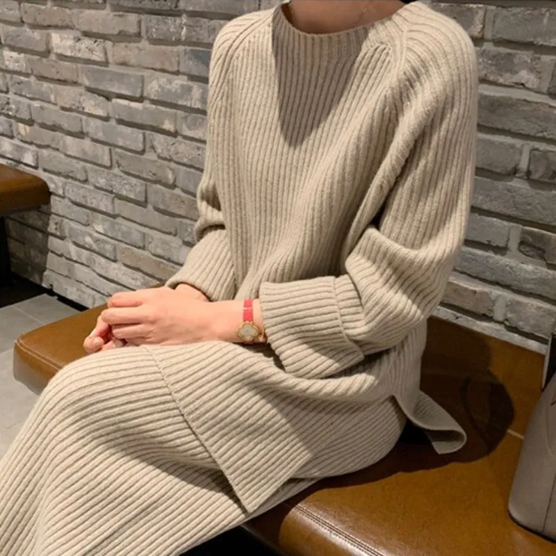 2-Pieces Knitted Tracksuit Sweater and Wide Leg Jogging Pants Set