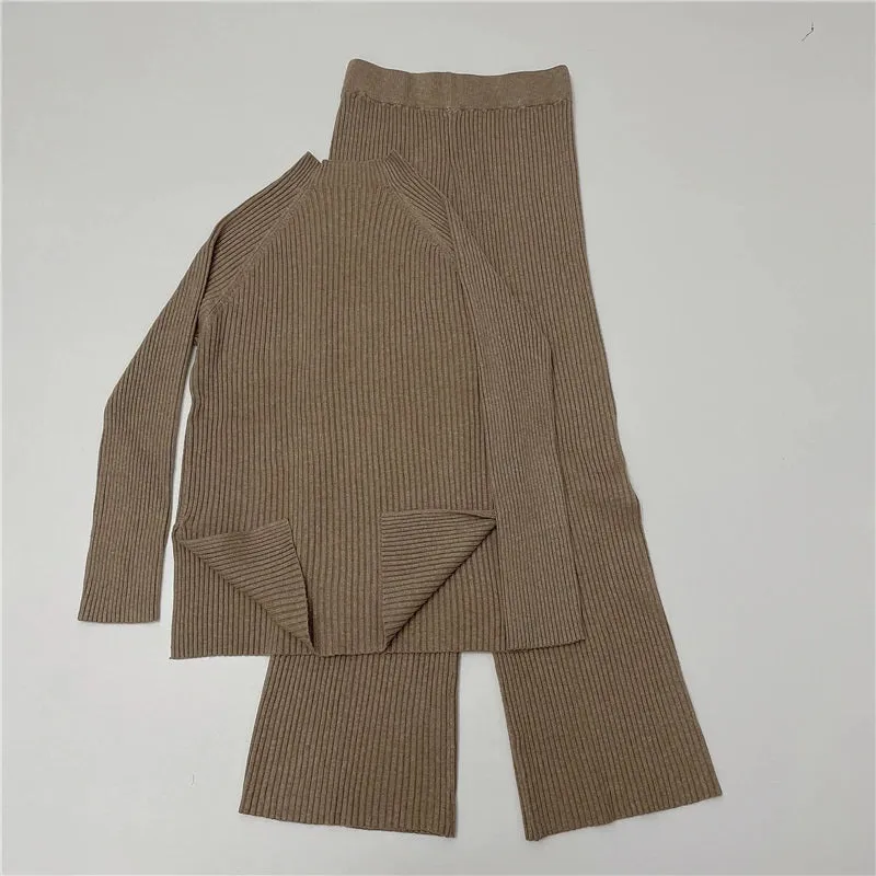 2-Pieces Knitted Tracksuit Sweater and Wide Leg Jogging Pants Set