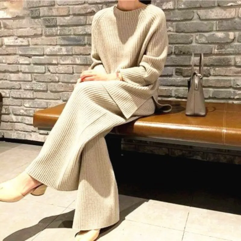 2-Pieces Knitted Tracksuit Sweater and Wide Leg Jogging Pants Set