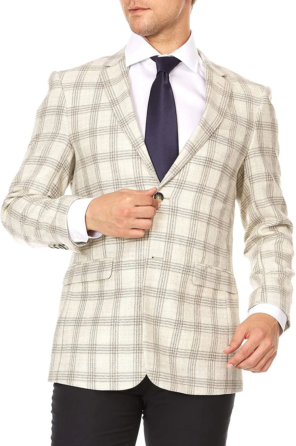 Adam Baker Men's Single Breasted 100% Wool Ultra Slim Fit Blazer/Sport Coat - Cream Plaid