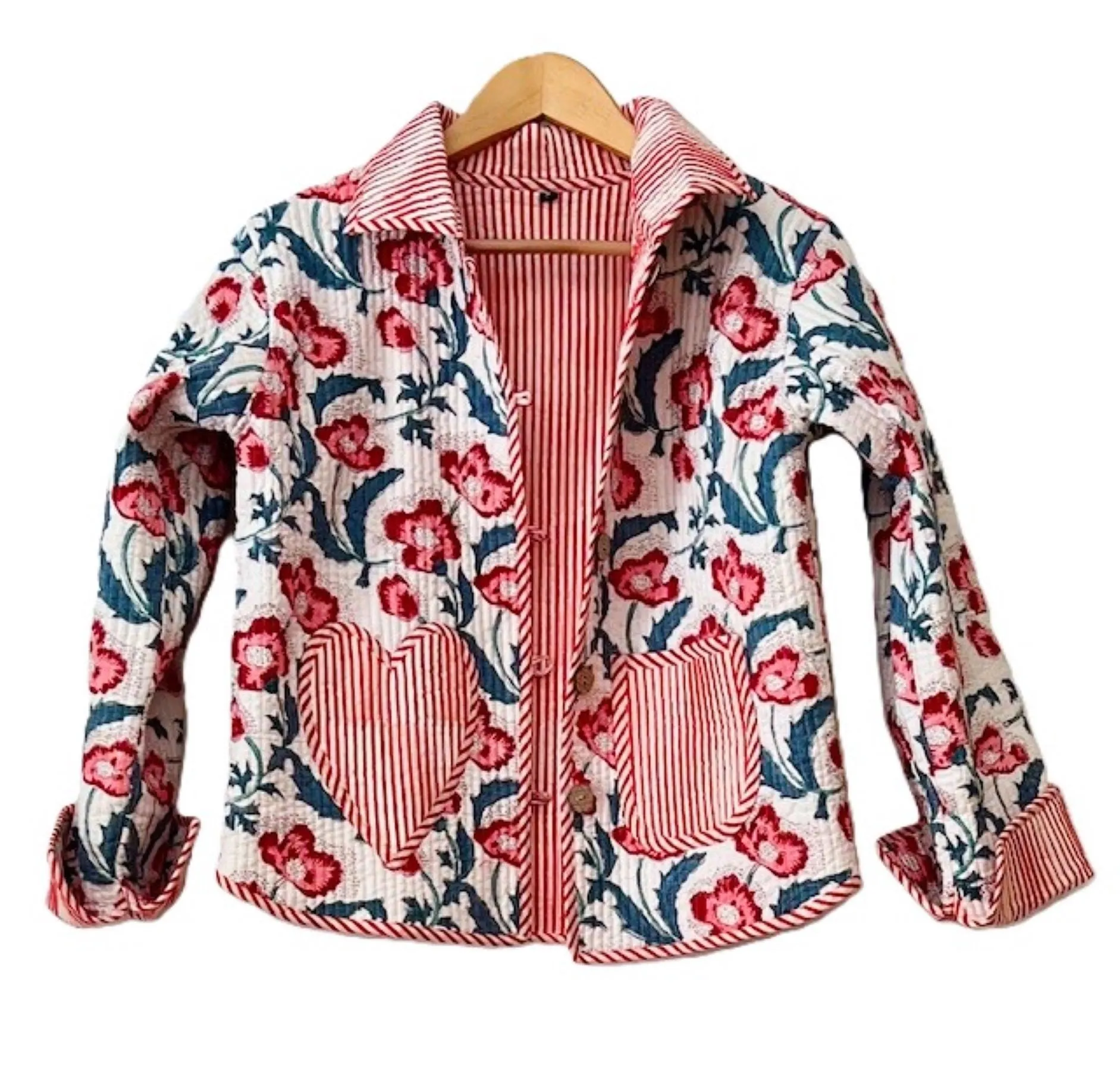 Be Mine Quilted  Womens Jacket With Stripe Piping, Red Flowers