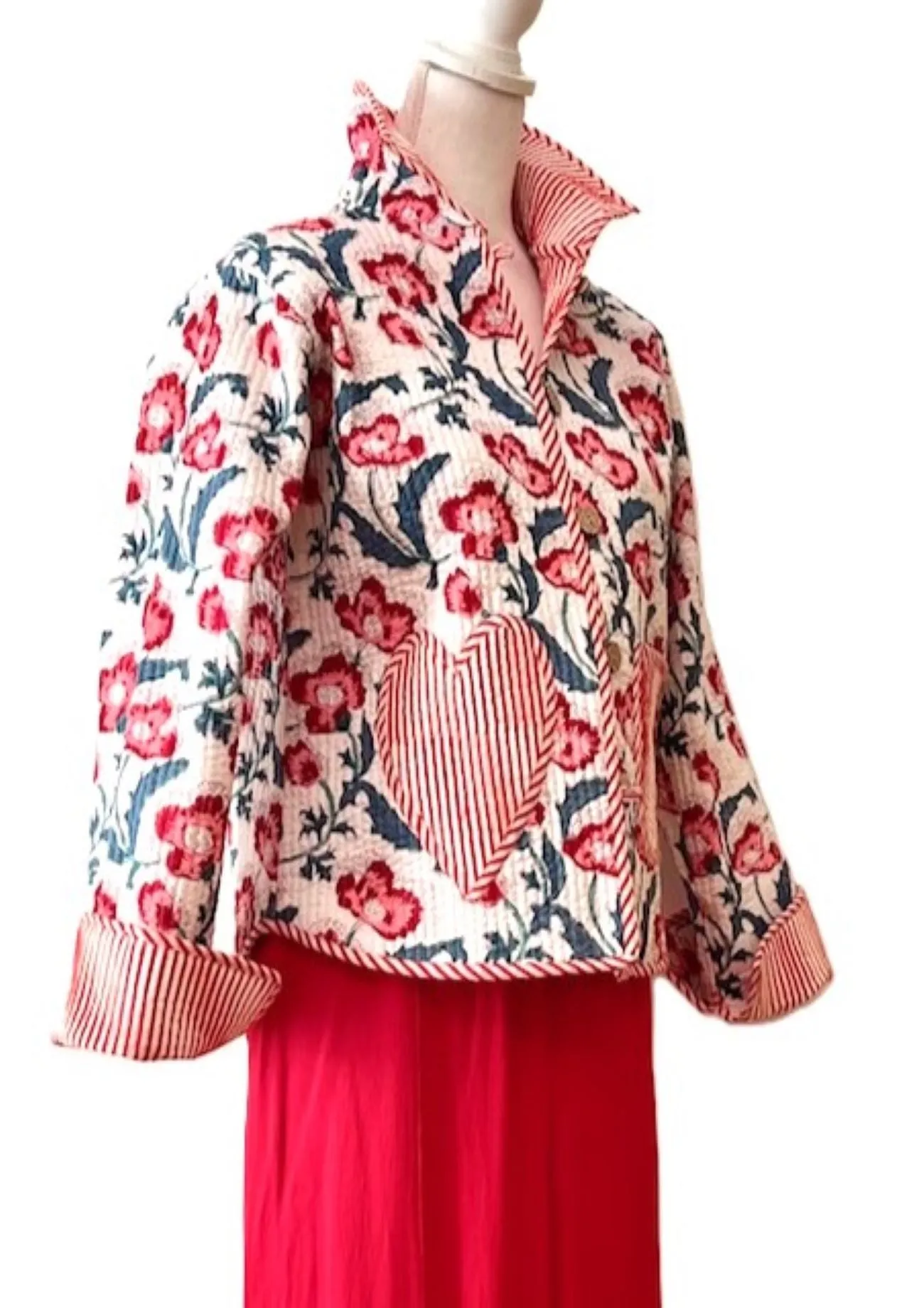 Be Mine Quilted  Womens Jacket With Stripe Piping, Red Flowers