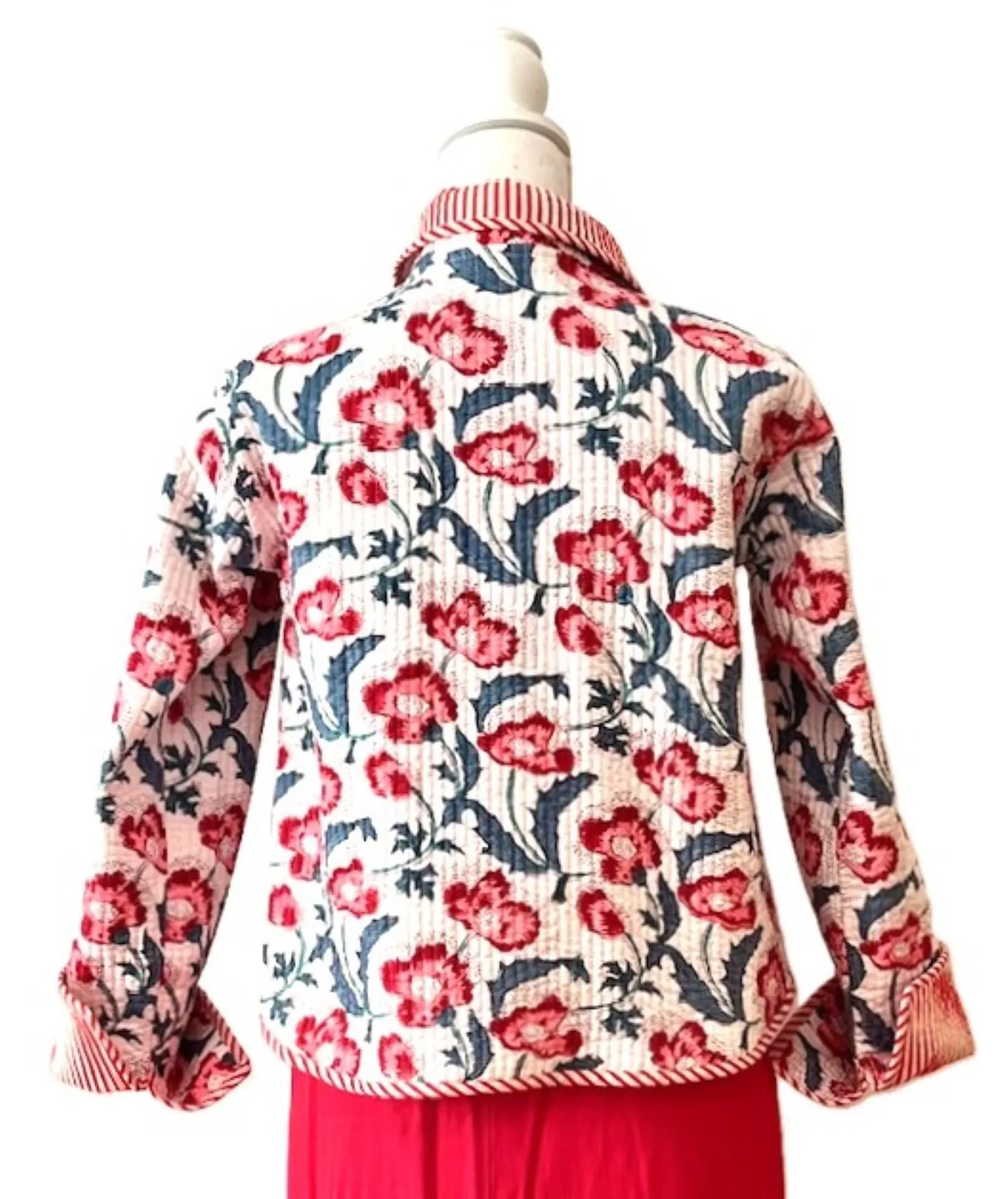 Be Mine Quilted  Womens Jacket With Stripe Piping, Red Flowers