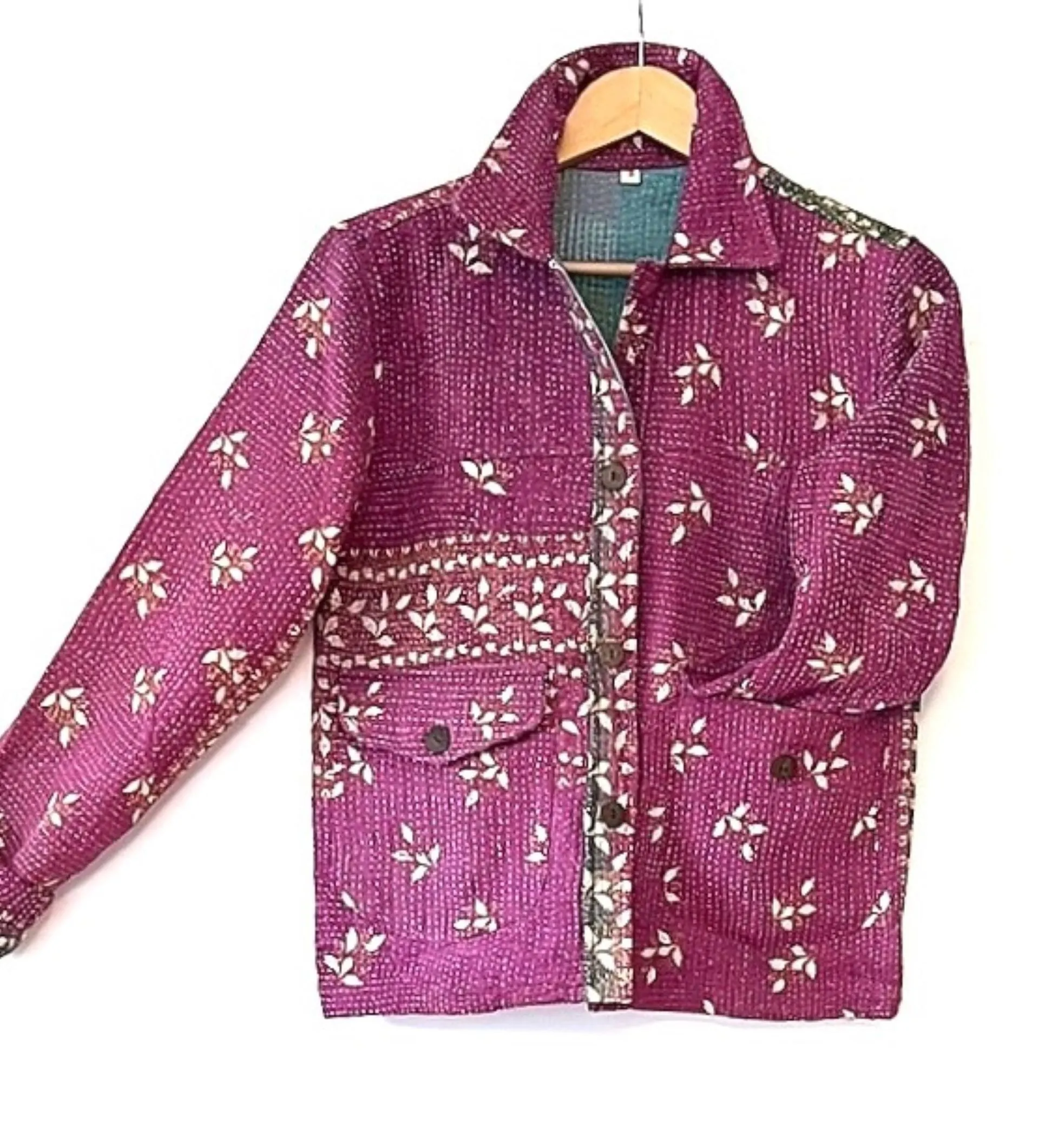 Beautiful Vintage Short Floral Kantha Jacket.  (Raspberry)