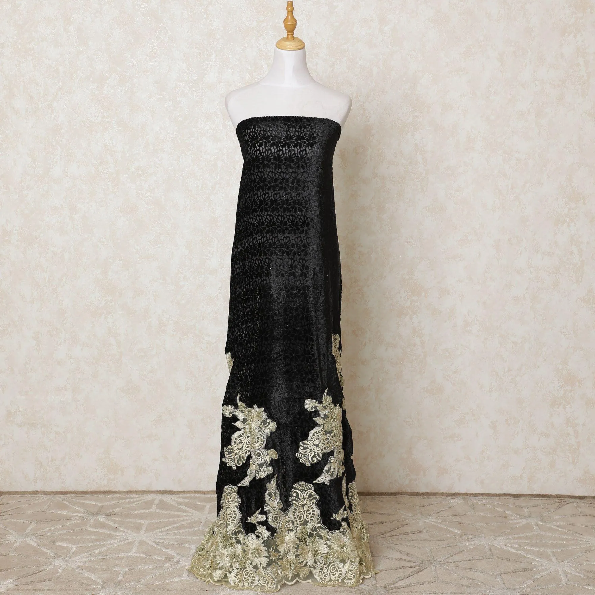 Black silk blended burnout velvet fabric with border tulle having gold embroidery and stone work in floral design-D12181