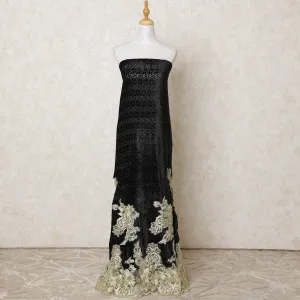 Black silk blended burnout velvet fabric with border tulle having gold embroidery and stone work in floral design-D12181