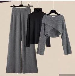 Chic 3-Piece Knitted Sweater Set with Shirt & Wide-Leg Pants - Perfect for Fall & Winter