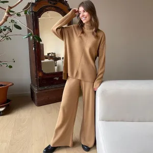 Chic High Neck Rib Knit Pullover Sweater Wide Leg Pants Matching Set - Khaki