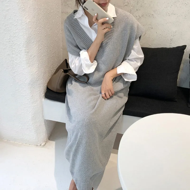 Chic Winter Oversize Straight Sleeveless Sweater Dress