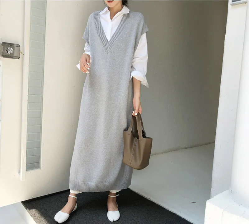 Chic Winter Oversize Straight Sleeveless Sweater Dress