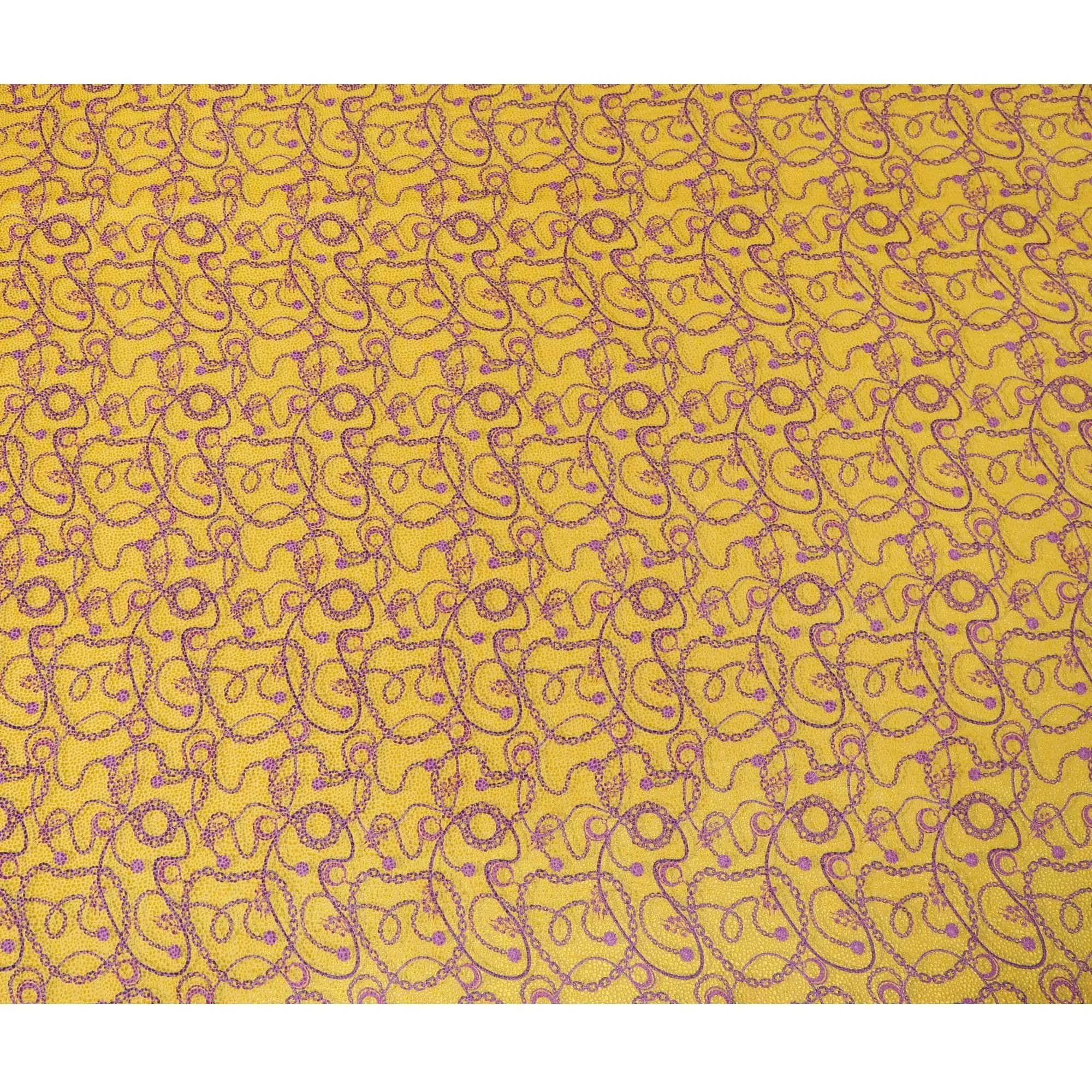 Cyber yellow Premium pure Italian silk blended burnout velvet fabric with magenta purple print in fancy design-D13840