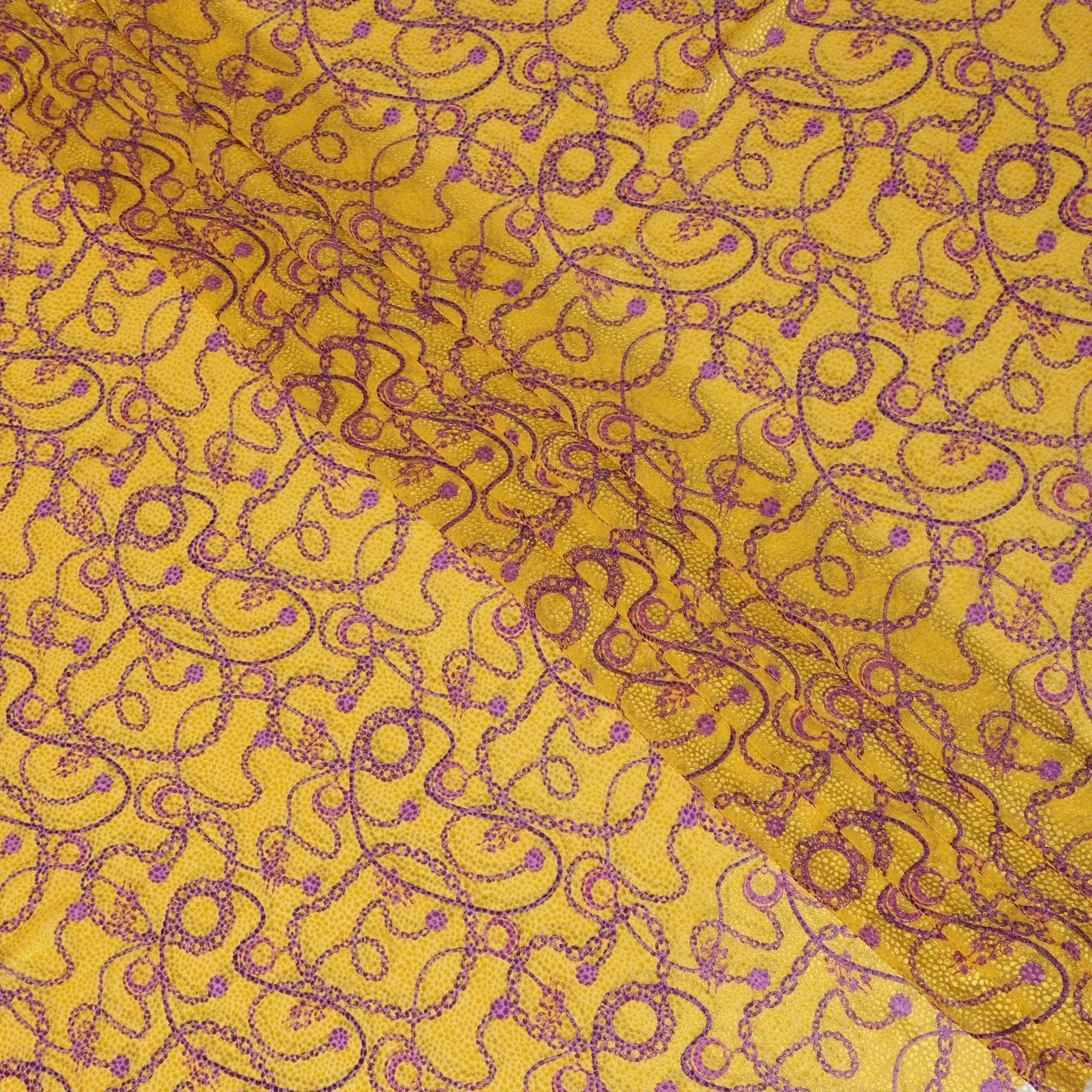 Cyber yellow Premium pure Italian silk blended burnout velvet fabric with magenta purple print in fancy design-D13840