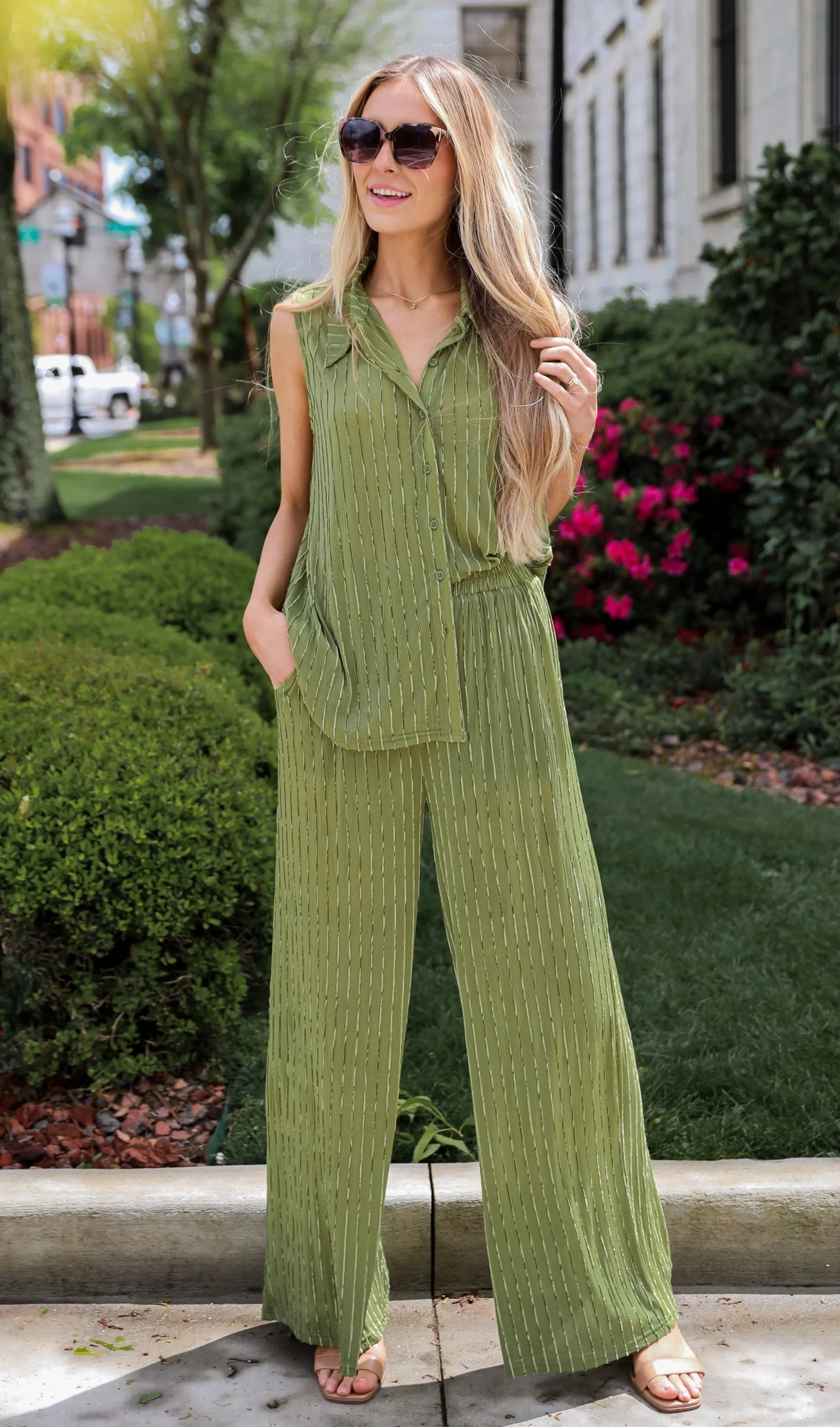 FINAL SALE - Endlessly Breezy Green Velvet Stripe Pants