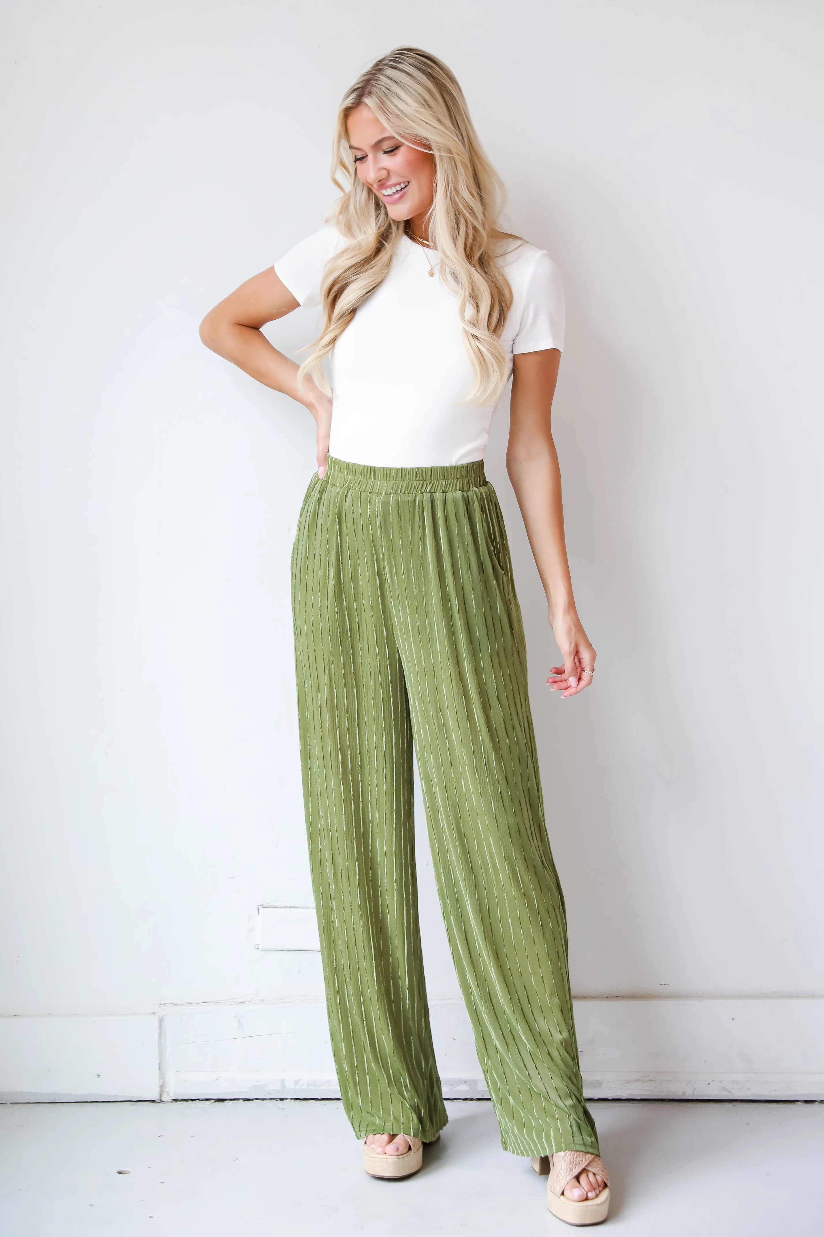 FINAL SALE - Endlessly Breezy Green Velvet Stripe Pants