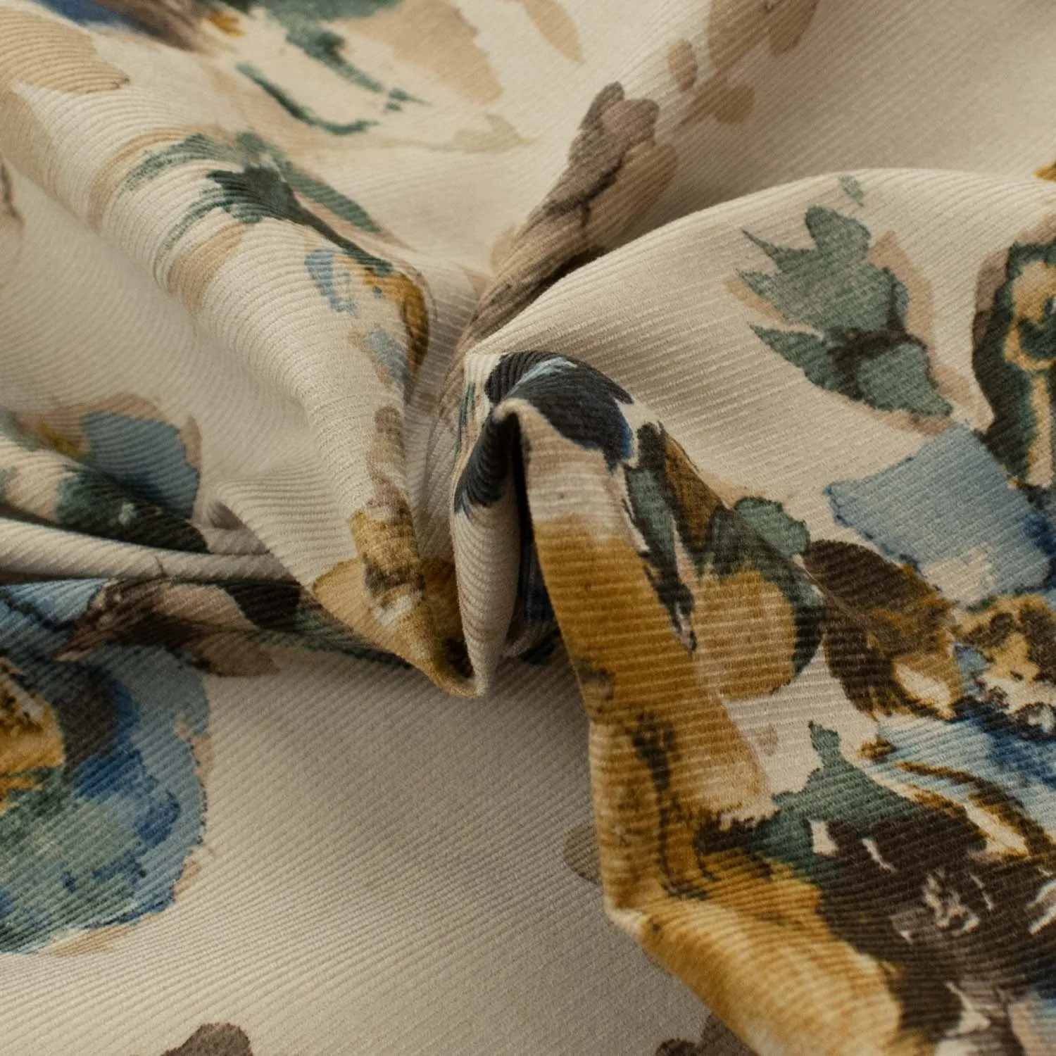 Fine Wale Printed Corduroy Yellow & Blue Florals On Ivory