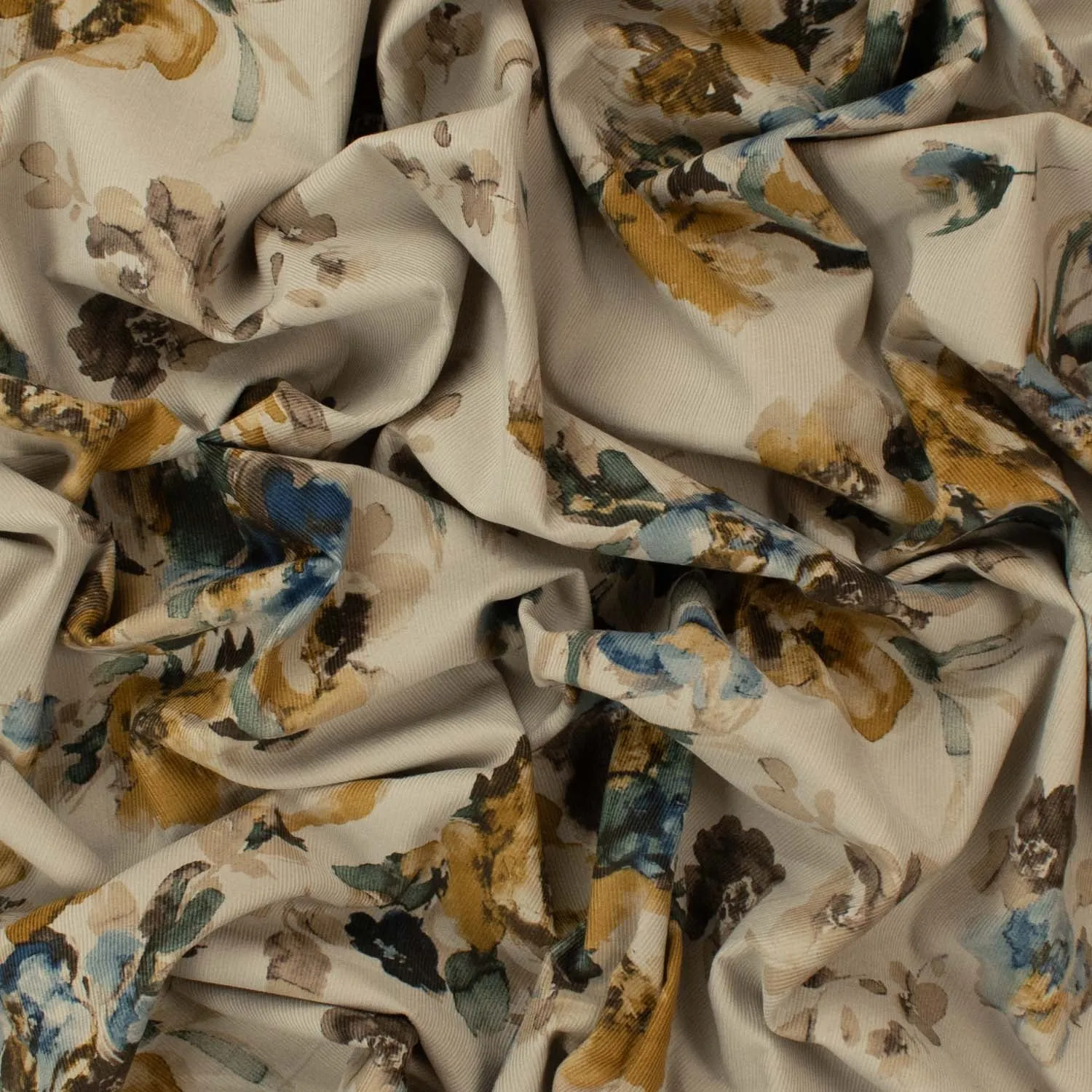 Fine Wale Printed Corduroy Yellow & Blue Florals On Ivory