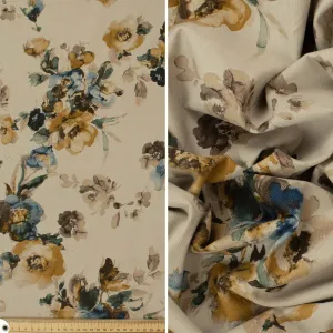 Fine Wale Printed Corduroy Yellow & Blue Florals On Ivory