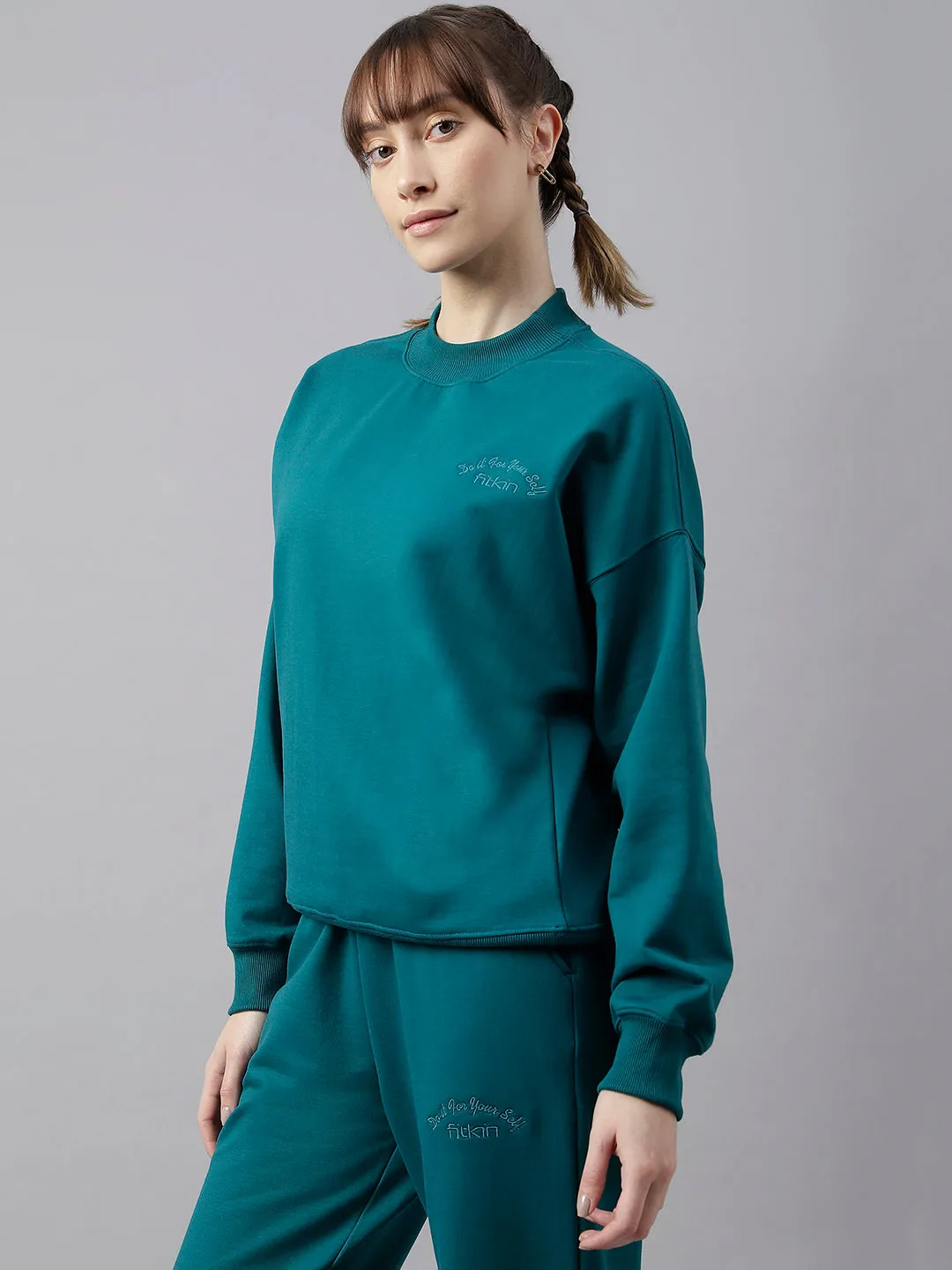 Fitkin Women Green Crew Neck Regular Fit Sweatshirt