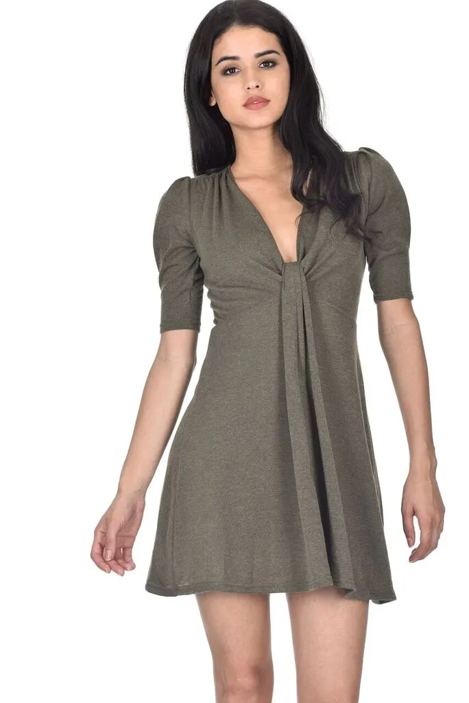 Khaki Knitted Knot Front Dress