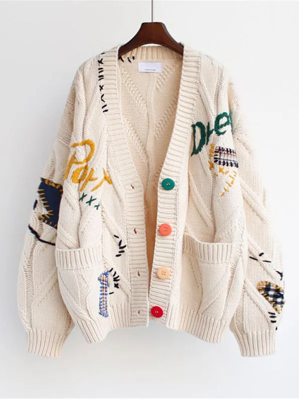 Knitted Chunky Sweater Cardigan: Patch Pockets, Artwork Accents