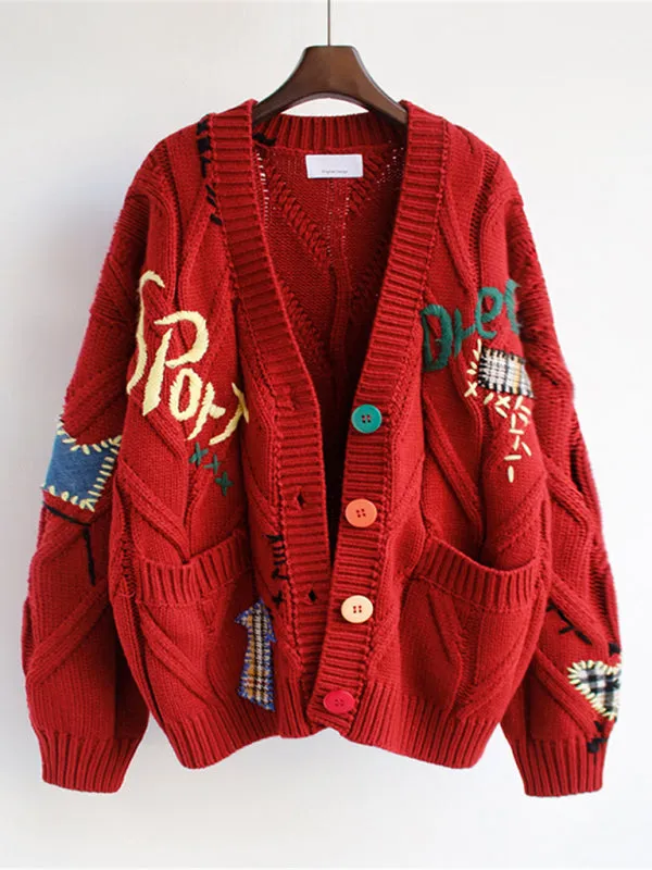 Knitted Chunky Sweater Cardigan: Patch Pockets, Artwork Accents