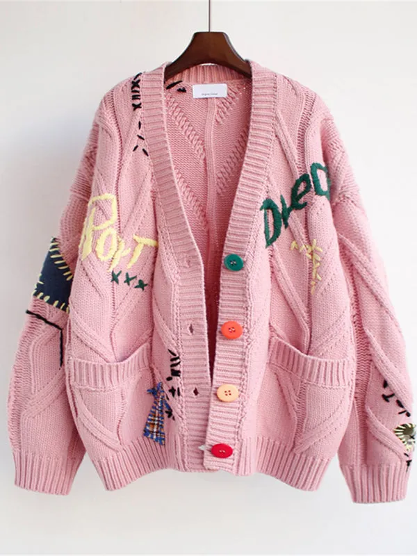 Knitted Chunky Sweater Cardigan: Patch Pockets, Artwork Accents