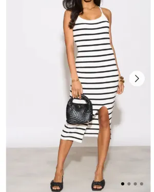 Knitted stripe print with straps design midi bodycon dress in white