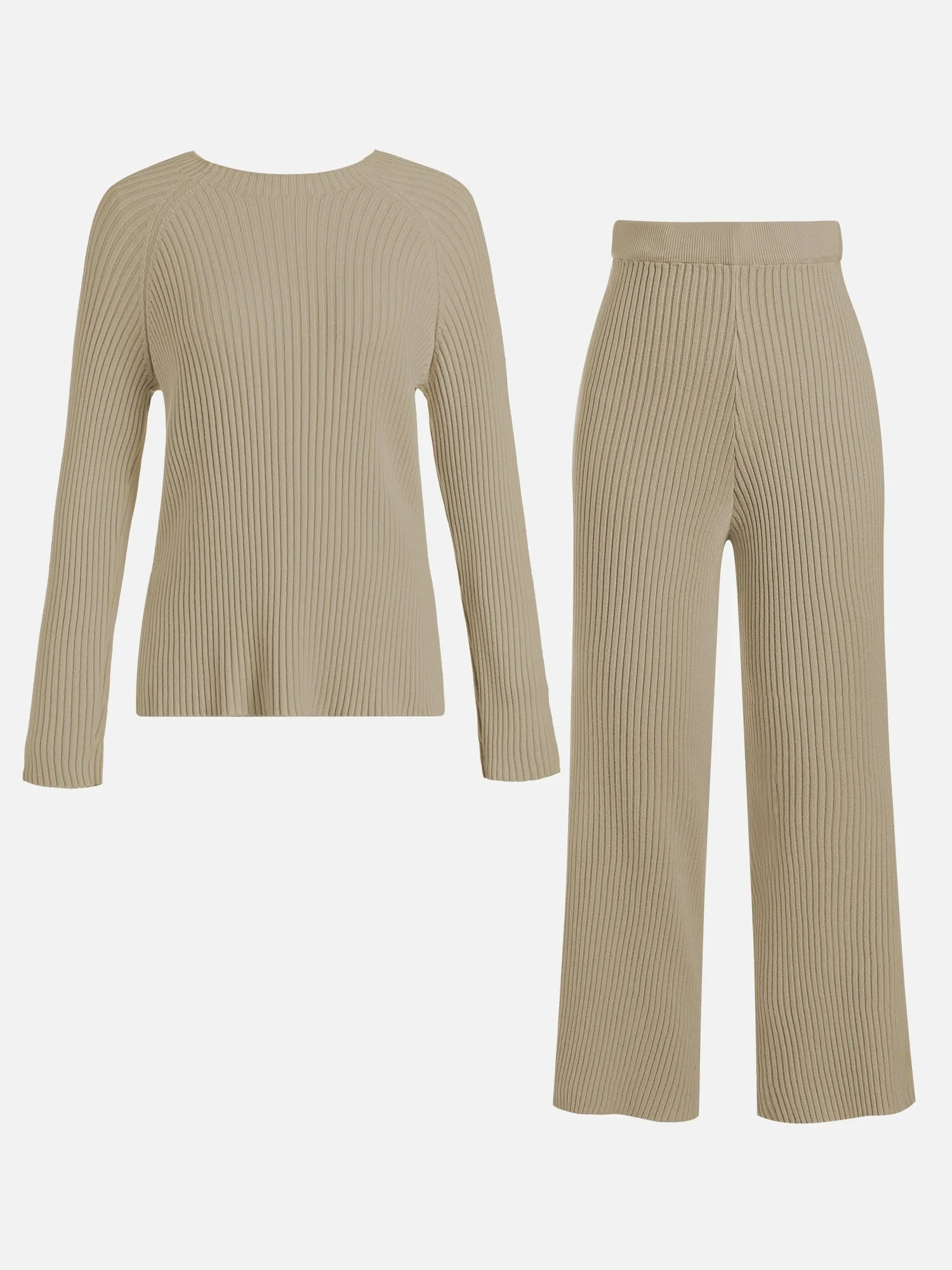 Knitted Two Piece Set O-Neck Loose Sweater & High Waist Wide Leg Pants