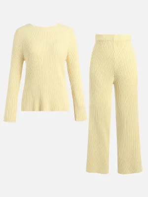 Knitted Two Piece Set O-Neck Loose Sweater & High Waist Wide Leg Pants