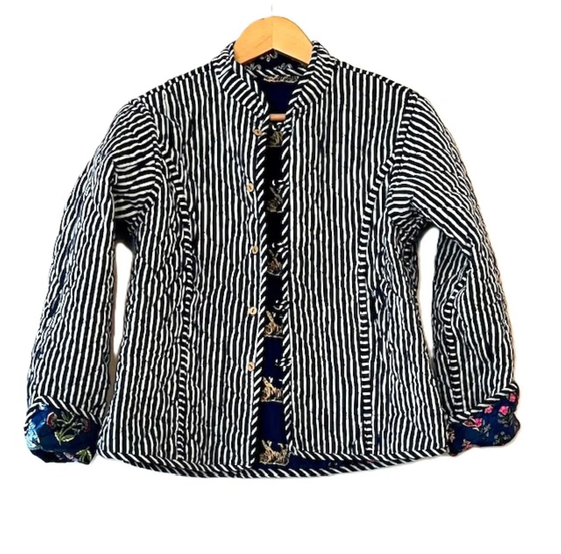 Luxe Reversible Cotton Quilted  Womens Jacket With Stripe Piping. NEW Print  (Navy)