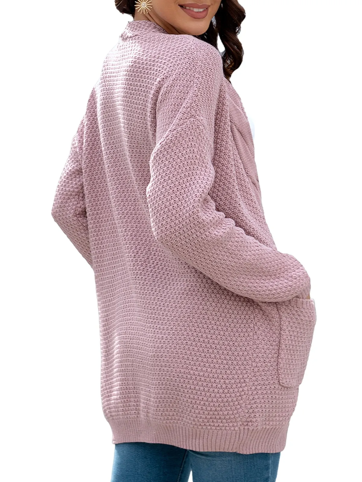 Mengpipi Women's Cardigan Sweater Loose Long Sleeve Open Front Knit Coat with Pockets, Pink-L(12-14)