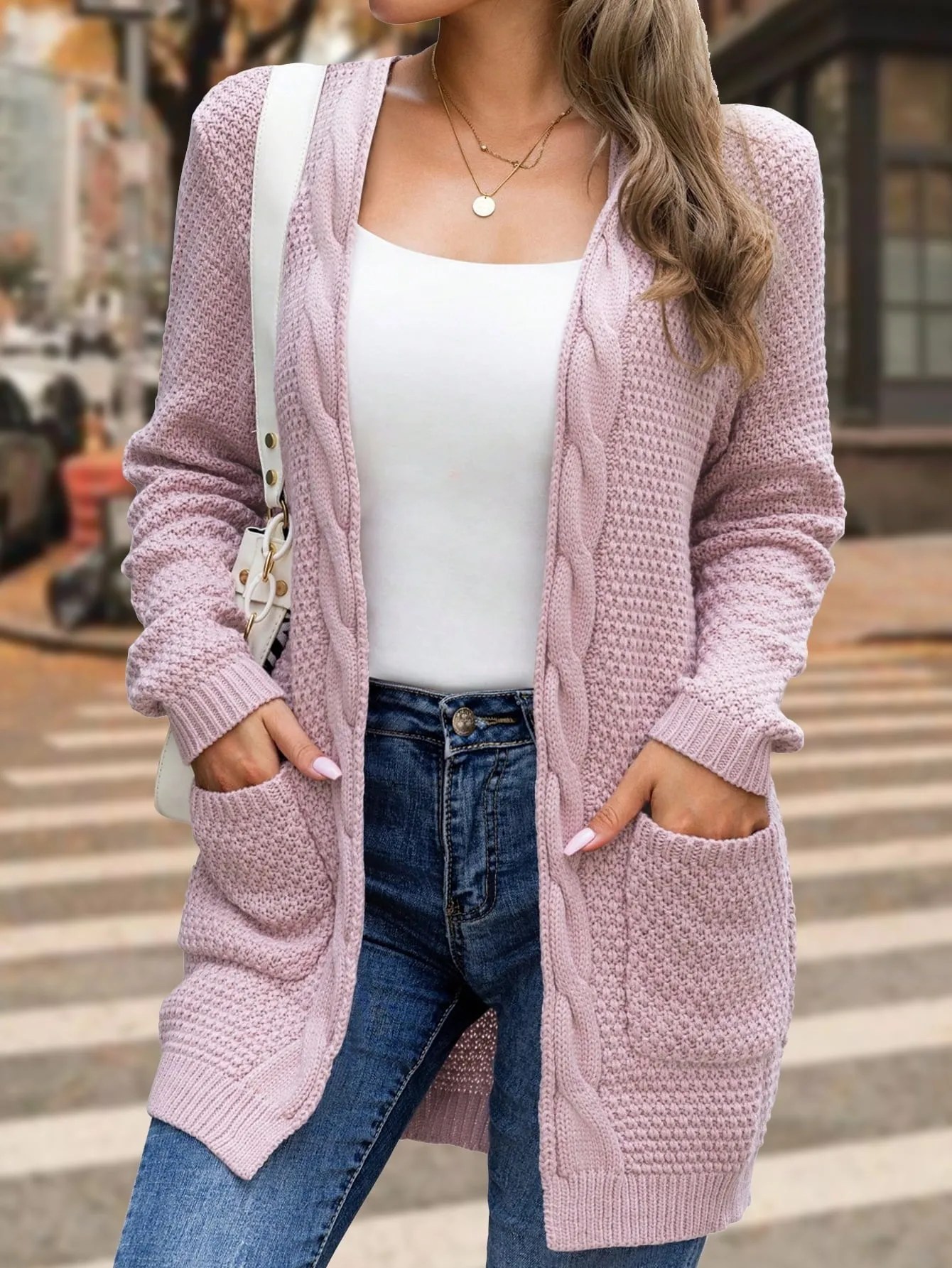 Mengpipi Women's Cardigan Sweater Loose Long Sleeve Open Front Knit Coat with Pockets, Pink-L(12-14)