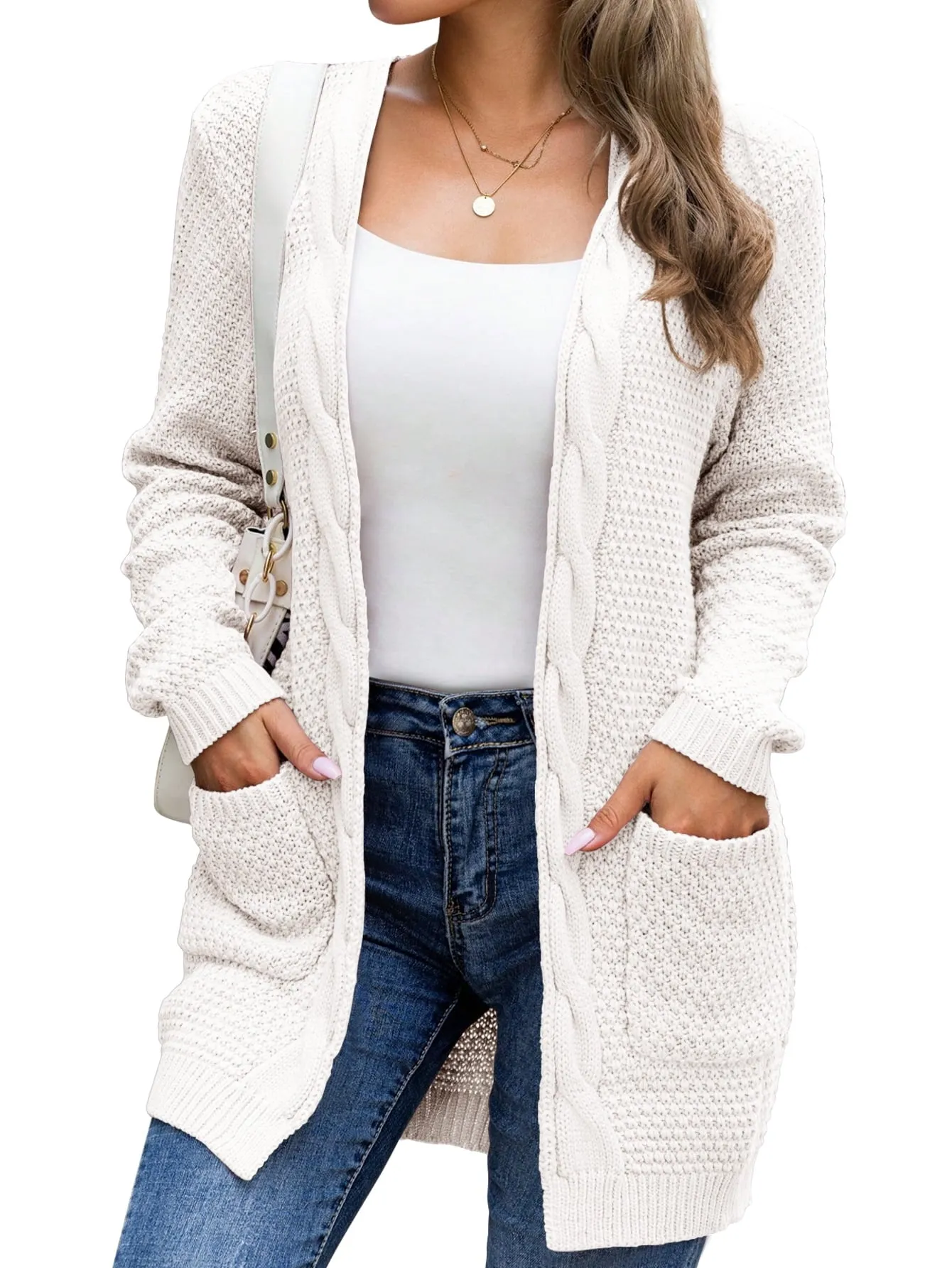 Mengpipi Women's Cardigan Sweater Loose Long Sleeve Open Front Knit Coat with Pockets, Pink-L(12-14)