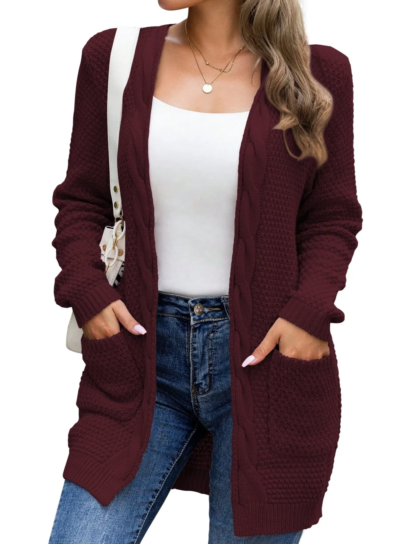 Mengpipi Women's Cardigan Sweater Loose Long Sleeve Open Front Knit Coat with Pockets, Pink-L(12-14)