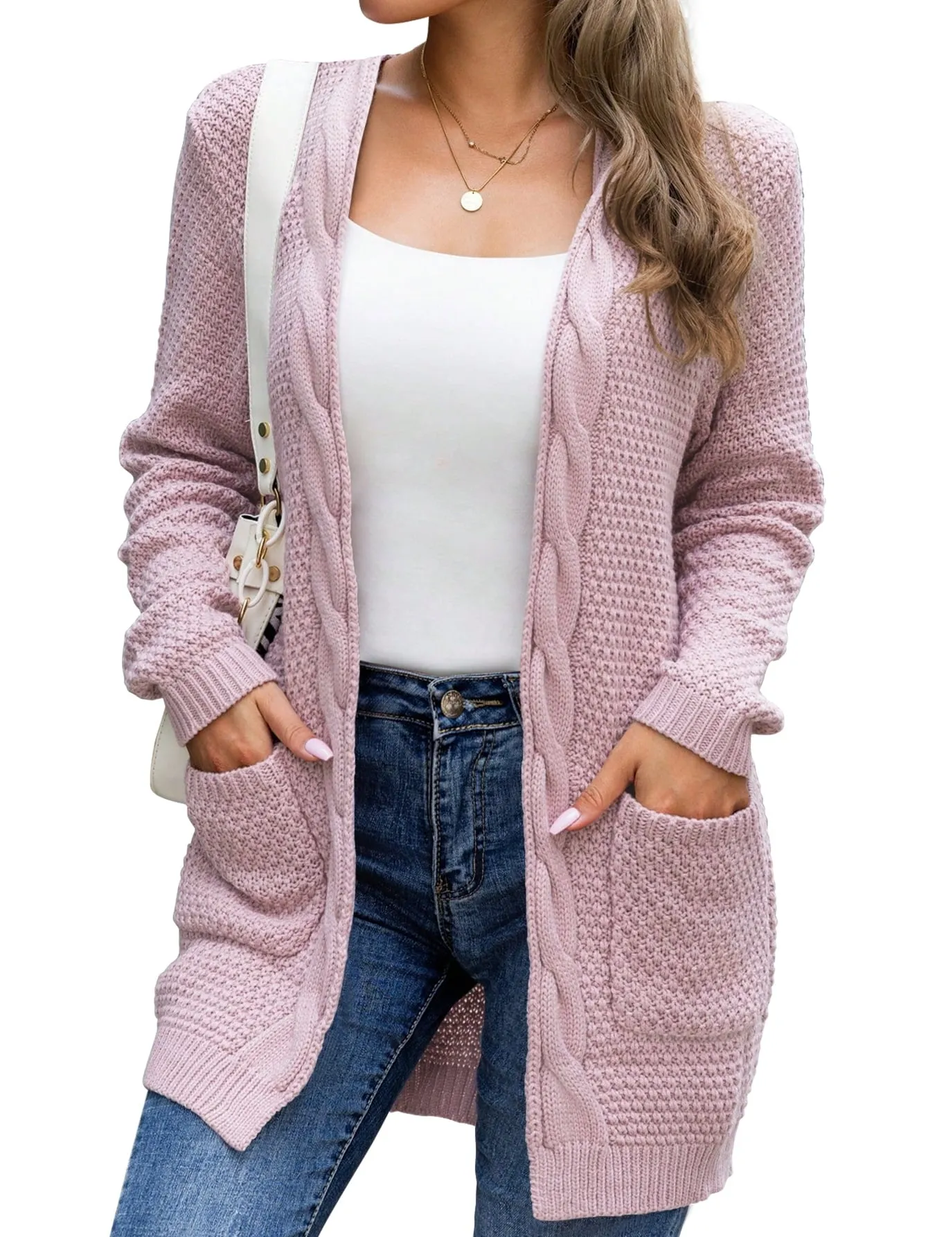 Mengpipi Women's Cardigan Sweater Loose Long Sleeve Open Front Knit Coat with Pockets, Pink-L(12-14)