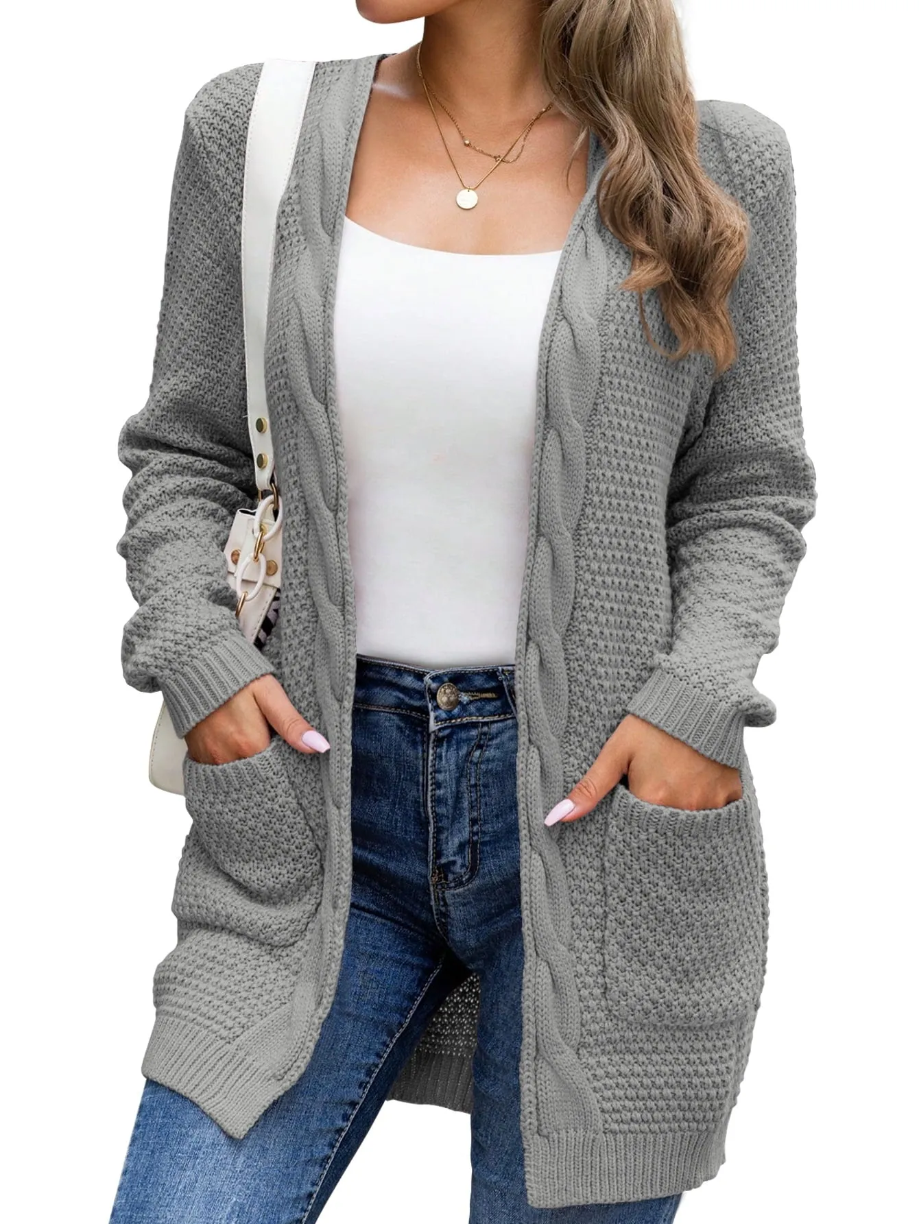 Mengpipi Women's Cardigan Sweater Loose Long Sleeve Open Front Knit Coat with Pockets, Pink-L(12-14)