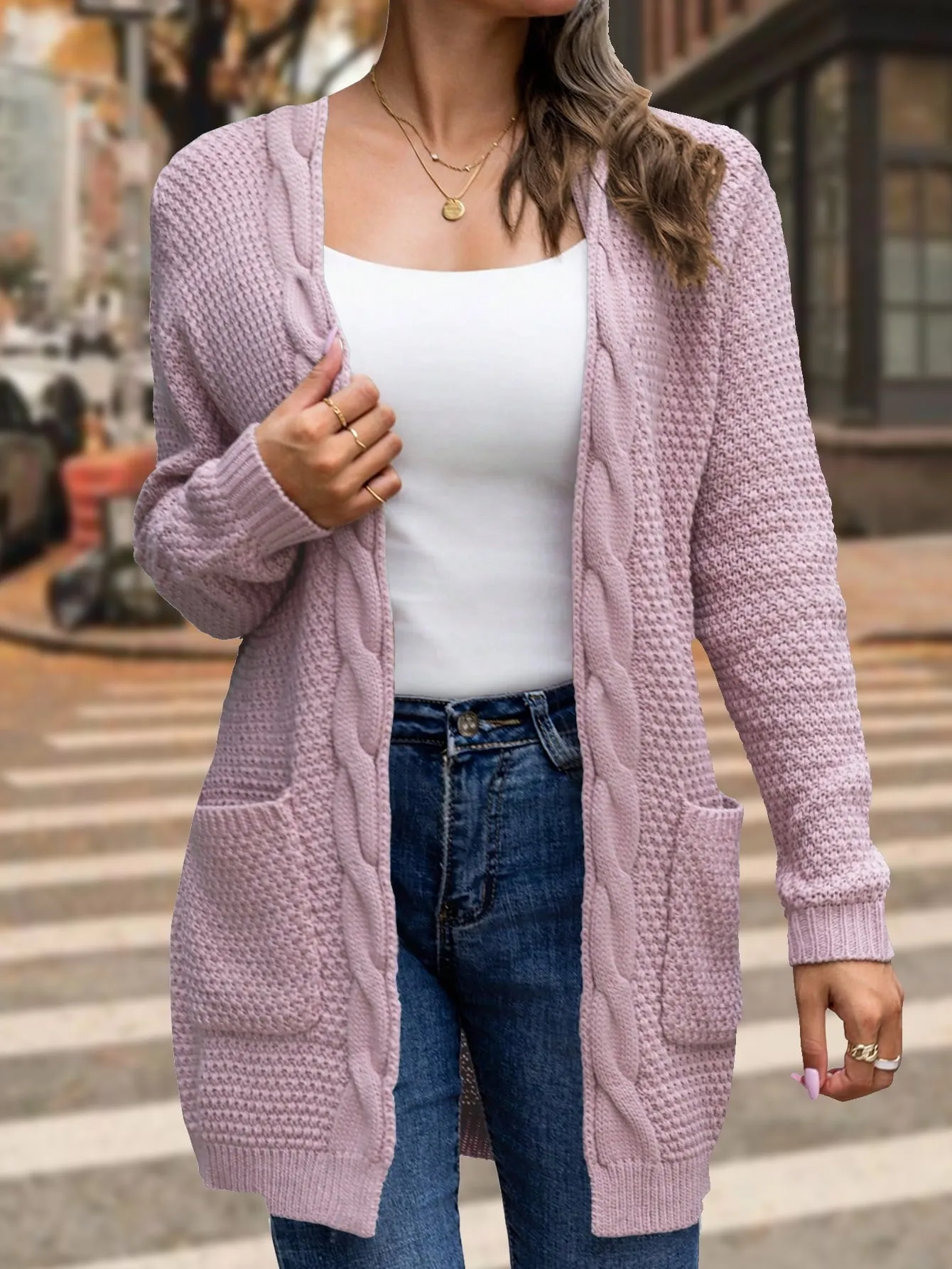 Mengpipi Women's Cardigan Sweater Loose Long Sleeve Open Front Knit Coat with Pockets, Pink-L(12-14)