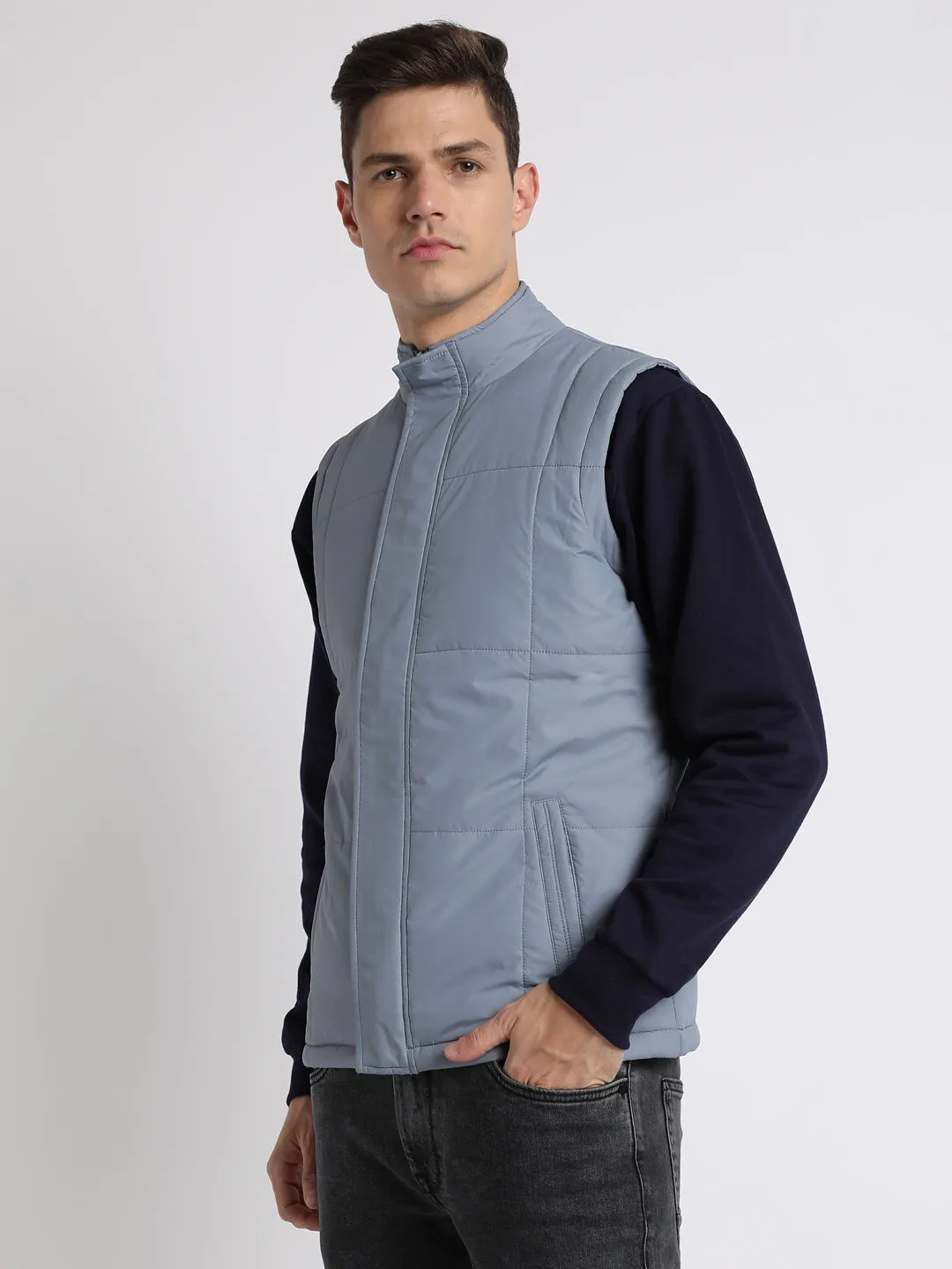 Men's High Neck Regular Fit Solid Blue Jackets