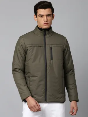 Men's Long-Sleeve Graphic Puffer Jacket - Water-Resistant Lightweight Casual Winterwear  (Olive)