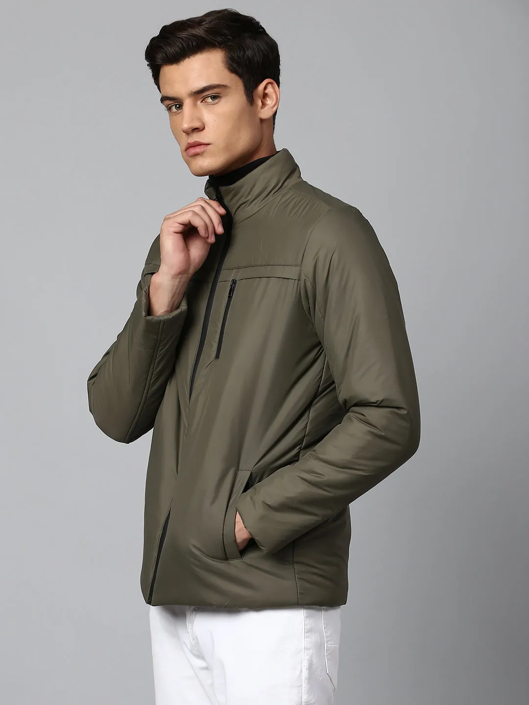 Men's Long-Sleeve Graphic Puffer Jacket - Water-Resistant Lightweight Casual Winterwear  (Olive)