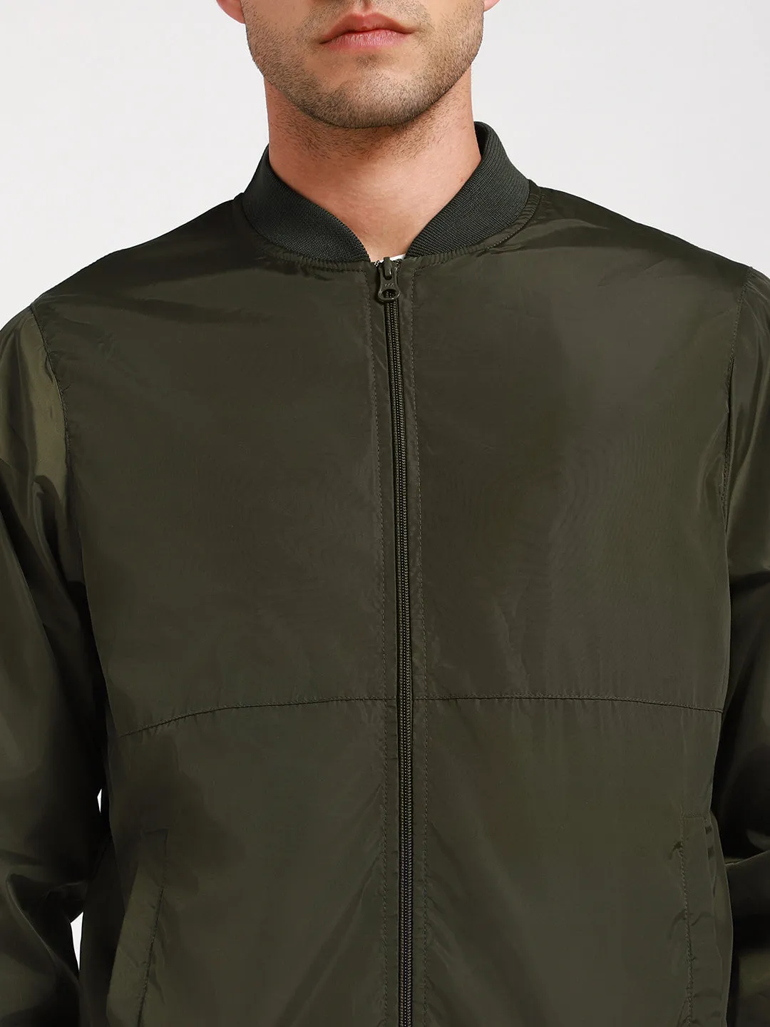 Men's Rib Collar Regular Fit Solid Green Bomber Jacket