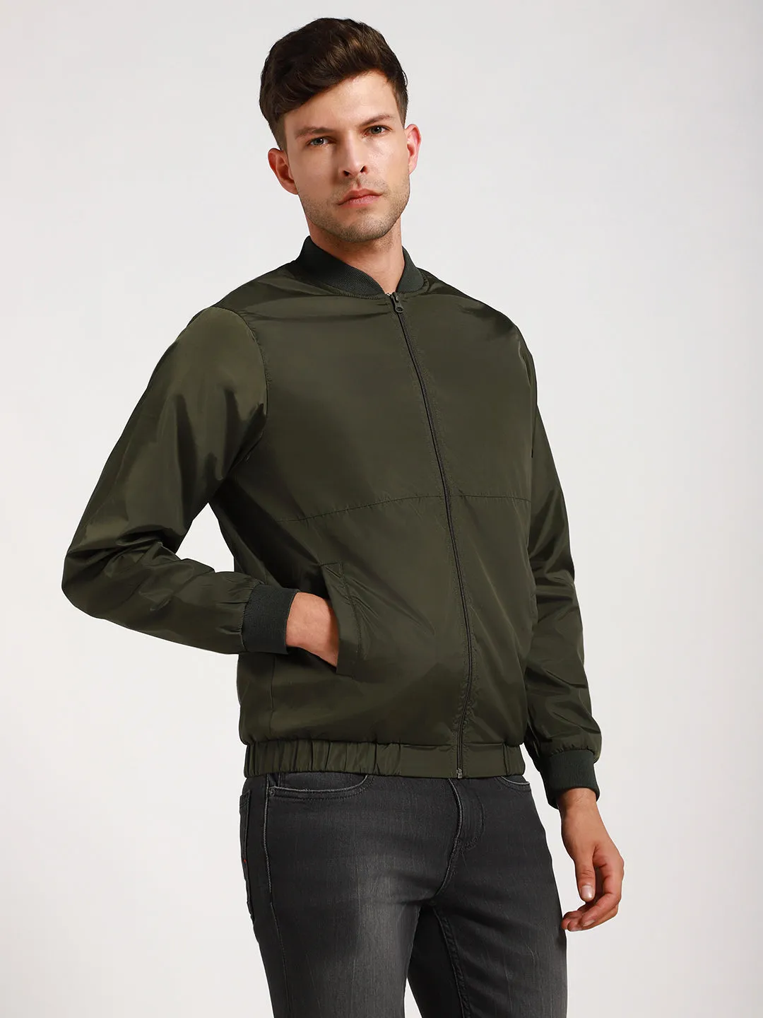 Men's Rib Collar Regular Fit Solid Green Bomber Jacket