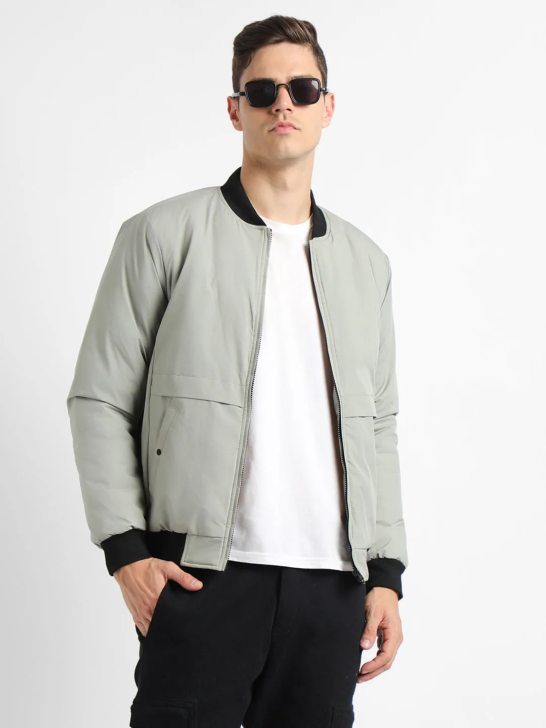 Men's Rib Neck Regular Fit Panelled Cement Jackets