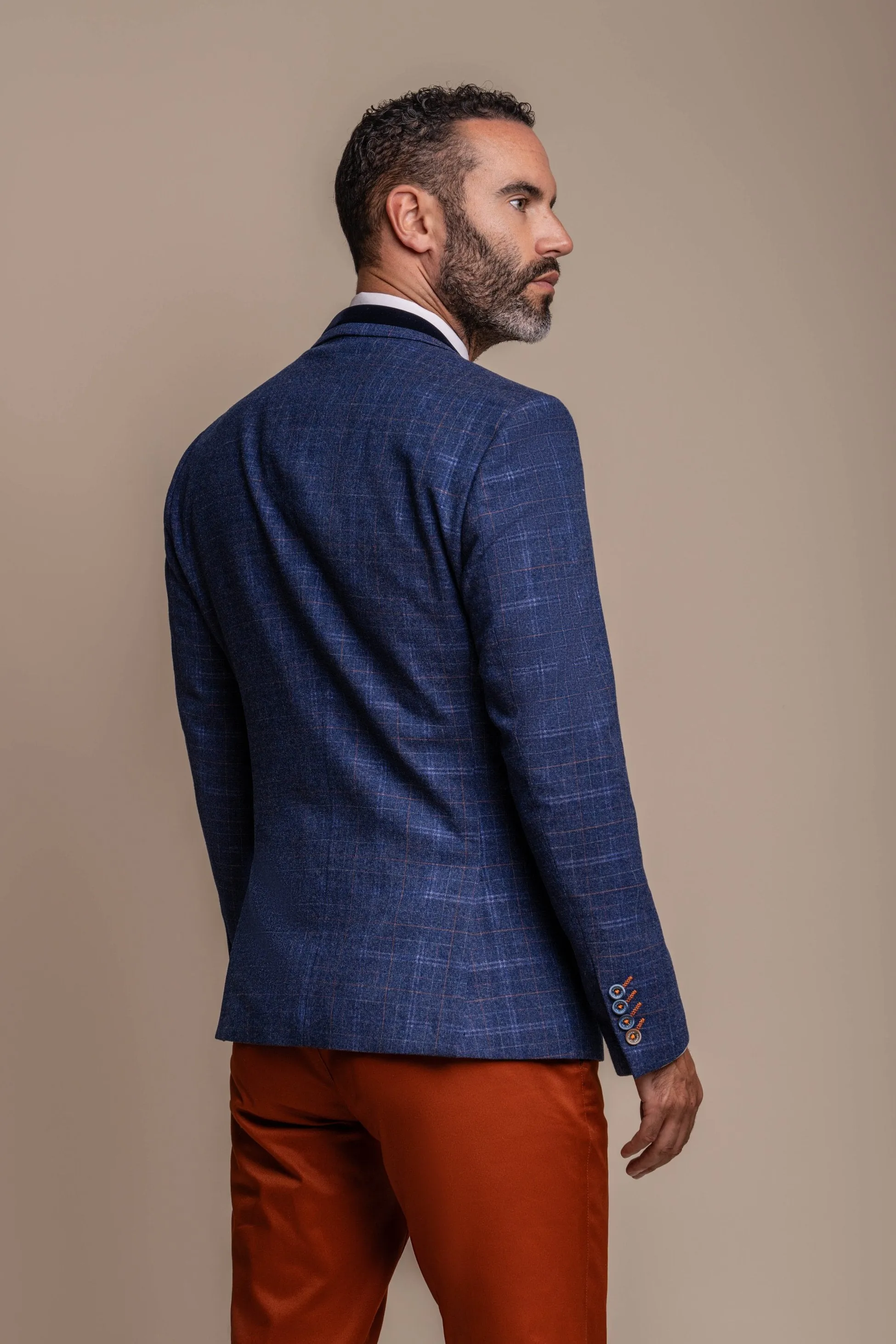 Men's Tweed Check Blue Suit & Brown Chino, Combined Suit Set - Navy Blue with Rust Brown