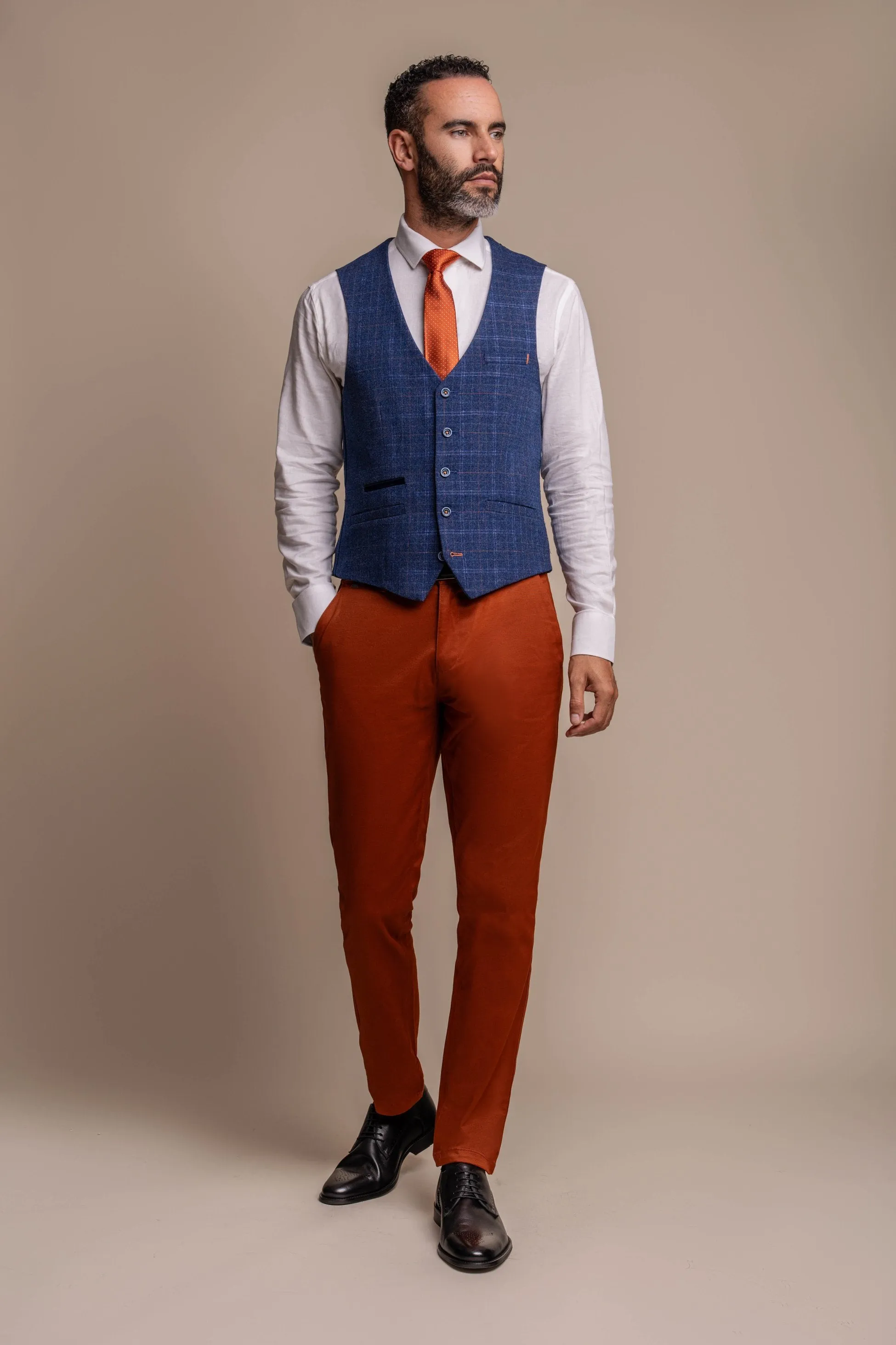 Men's Tweed Check Blue Suit & Brown Chino, Combined Suit Set - Navy Blue with Rust Brown