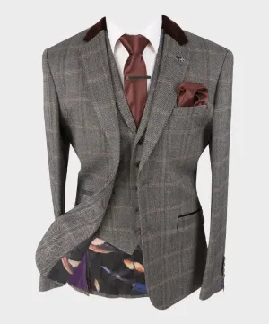 Men's Tweed Check Retro Suit Jacket - Connall Brown - Brown