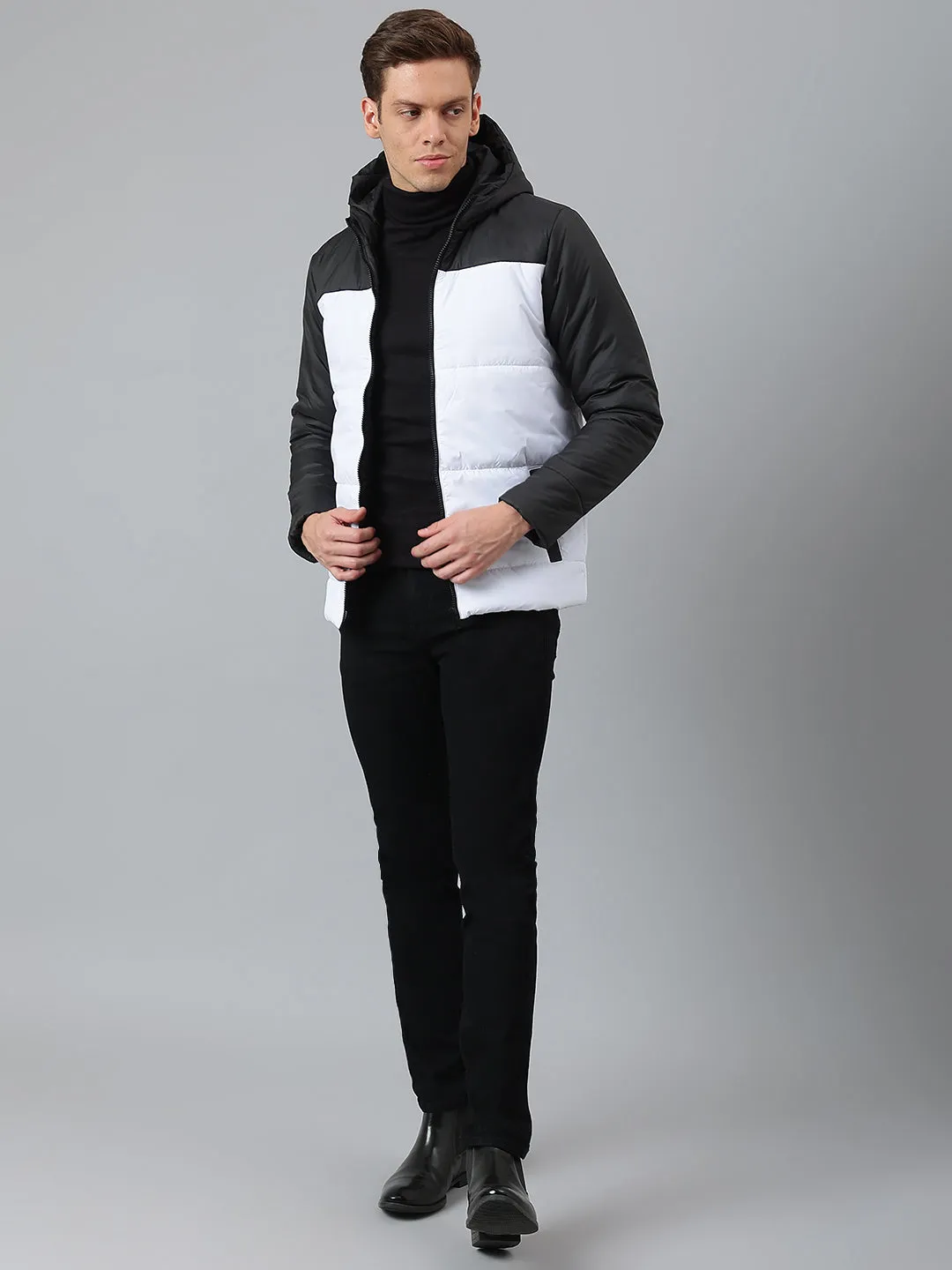 Men's White Regular Fit Hooded Winterwear Puffer Jackets