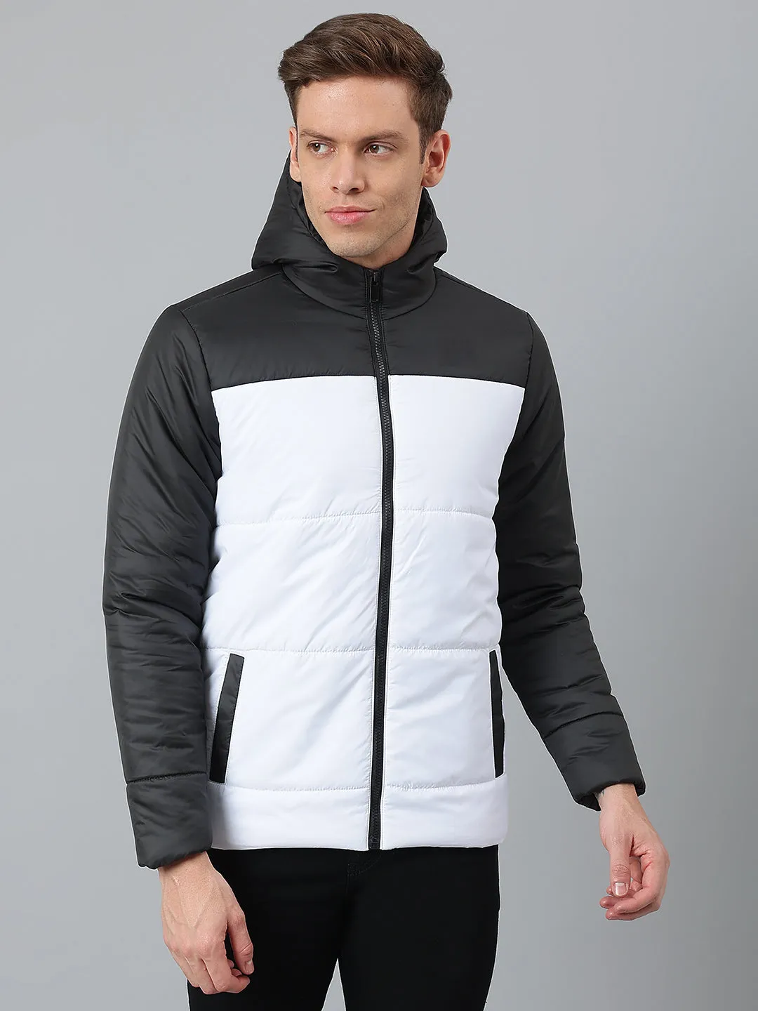 Men's White Regular Fit Hooded Winterwear Puffer Jackets