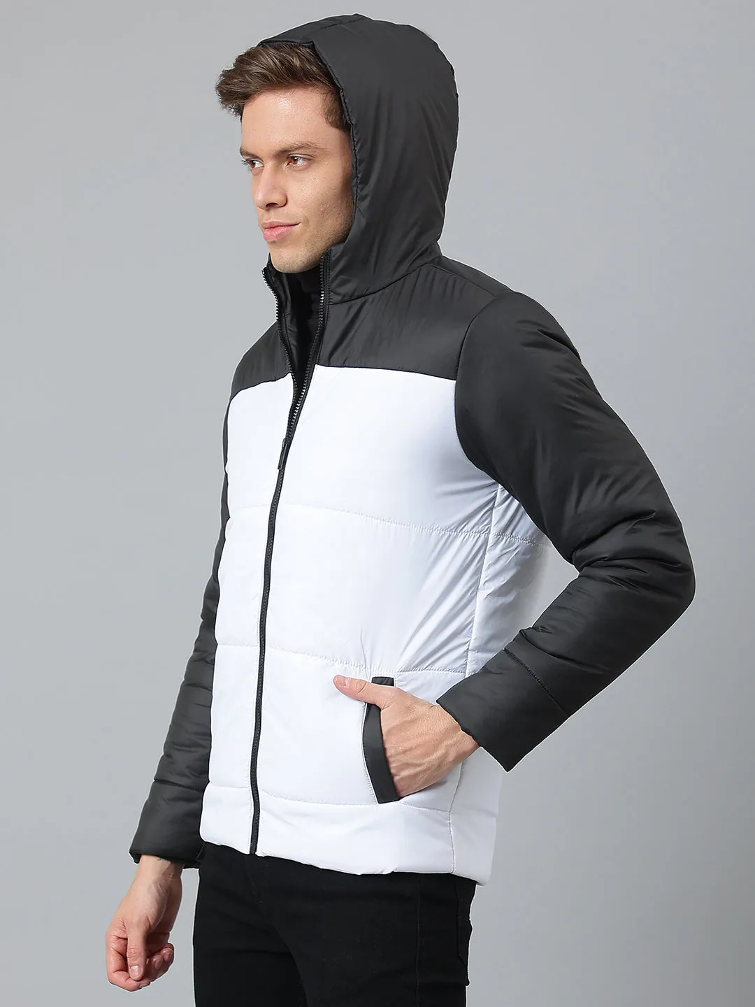 Men's White Regular Fit Hooded Winterwear Puffer Jackets