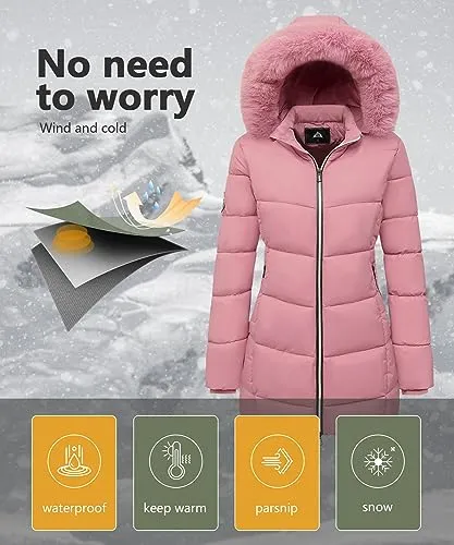 MOERDENG Women's Winter Windproof Warm Down Coats Waterproof Thicken Hooded fashions Puffer Jacket Pink 04-L